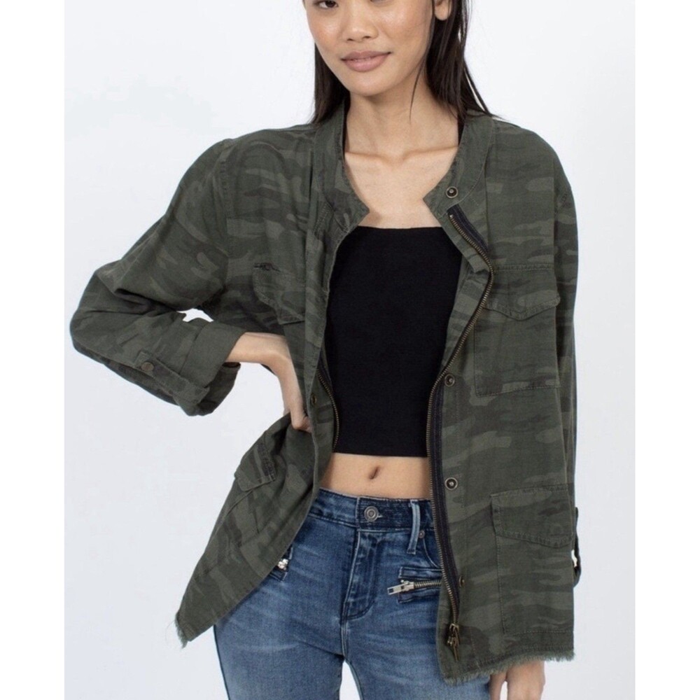 Sanctuary Camo Utility Jacket Green Military Cargo Lightweight Frayed Hem Size L